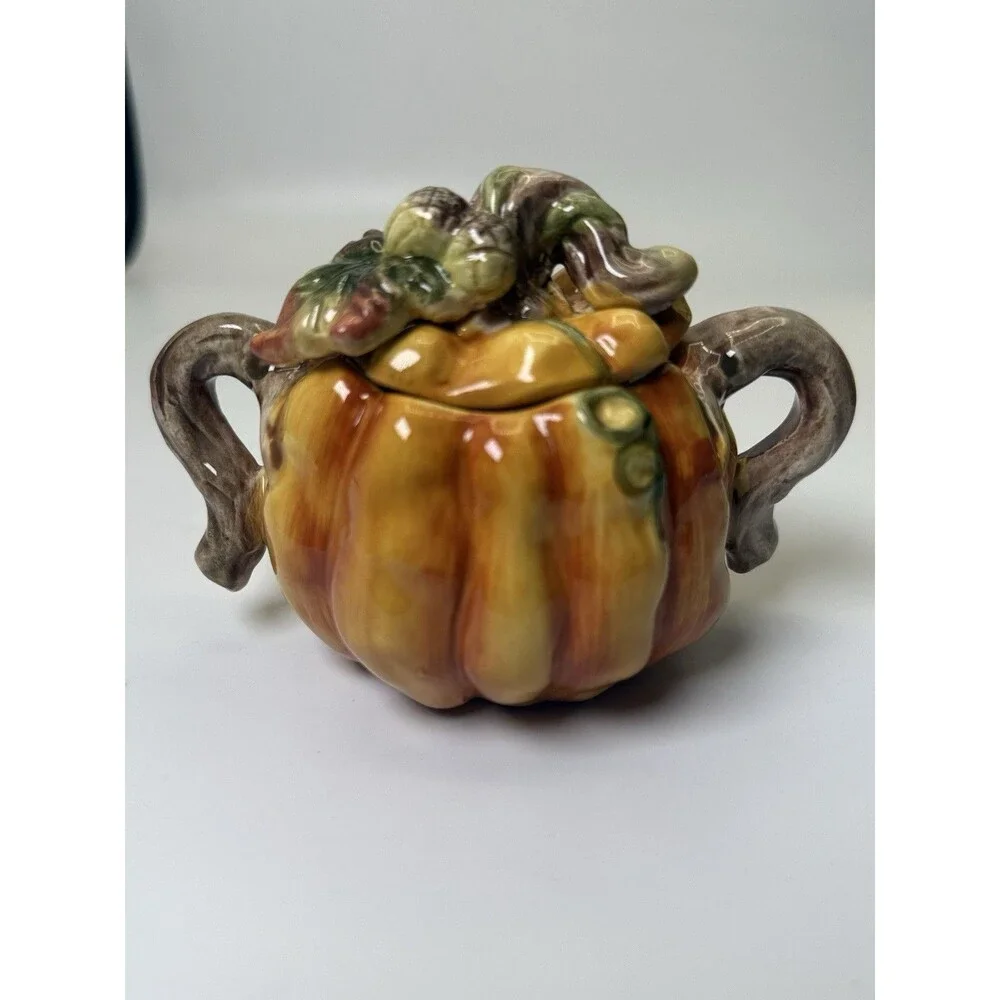 Vintage Ceramic Pumpkin Patch Sugar Bowl Creamer Set Fall Harvest 1990s